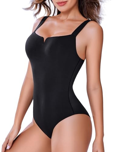Avidlove Bodysuits for Women Square Neck Bodysuit Sleeveless Sexy Body Suits Double Lined Basic Tank Top Body Suit, Black, XXL | Amazon (US)