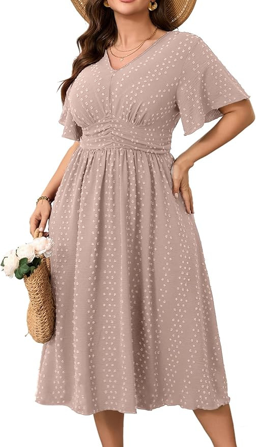 RWJ Women's Plus Size Maxi Dress V Neck Short Sleeve Swiss Dot A Line High Waist Boho Swing Casua... | Amazon (US)