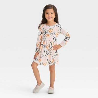 Toddler Girls' Hearts Long Sleeve Dress - Cat & Jack™ Cream | Target