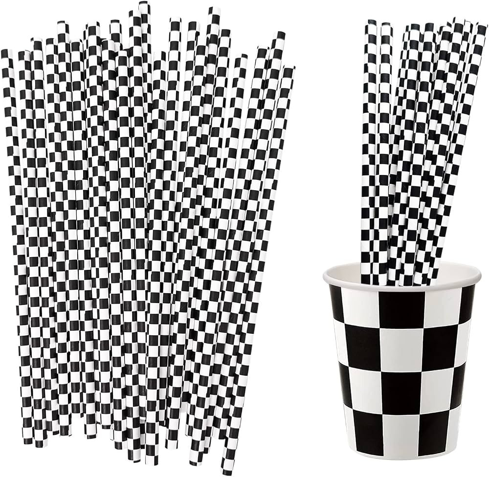 50 Pcs Checkered Flag Paper Straws Racing Car Straws Black and White Checkered Drinking Straws fo... | Amazon (US)