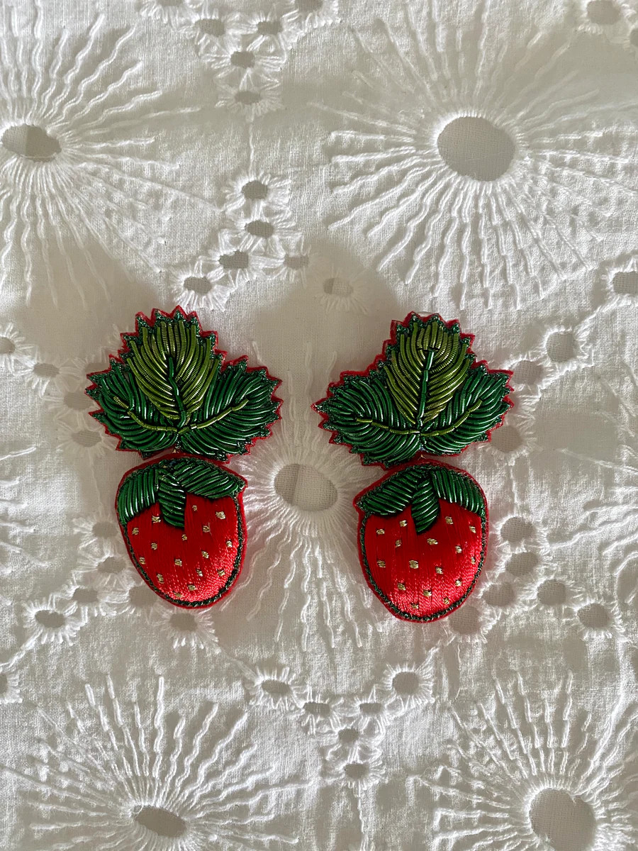 Hand Embroidered Cheery Strawberry Earrings (Flat Back Clip On) | SUE SARTOR
