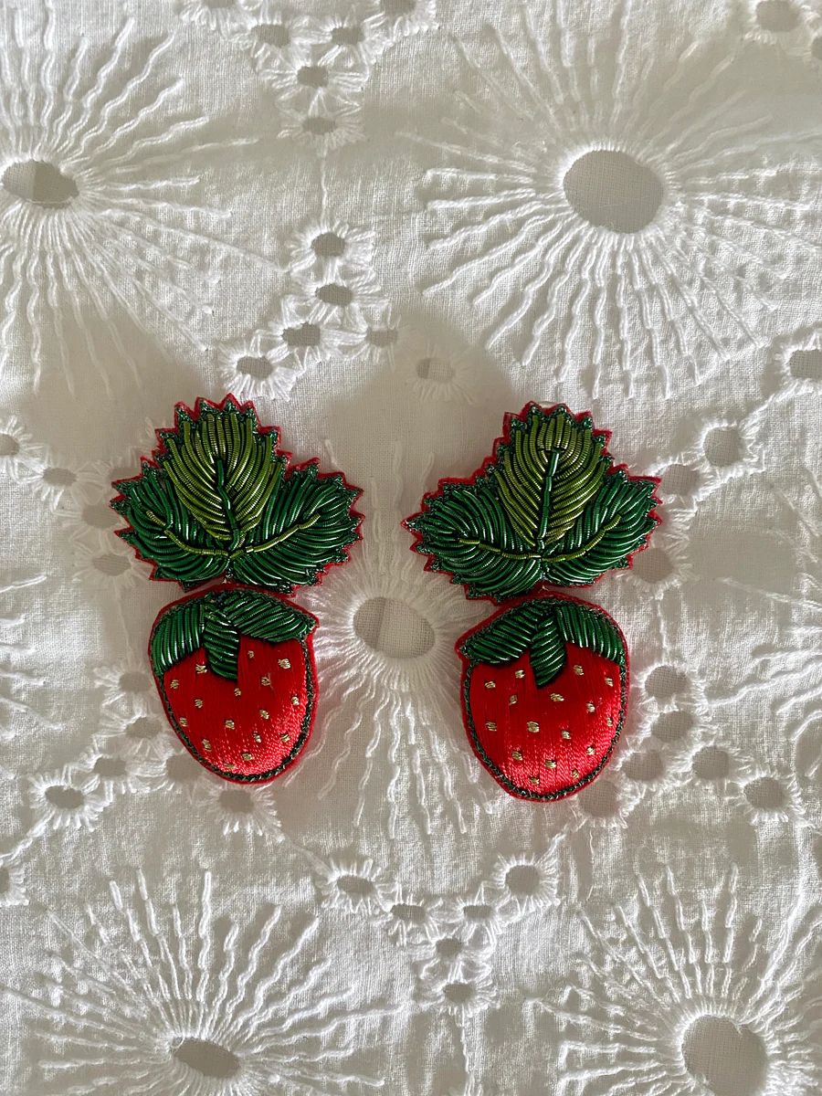 Hand Embroidered Cheery Strawberry Earrings (Flat Back Clip On) | SUE SARTOR