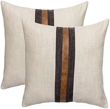 BOYSUM Set of 2 Leather Throw Pillow Covers Outdoor Decor Beige Patchwork Linen Brown Faux Leathe... | Amazon (US)