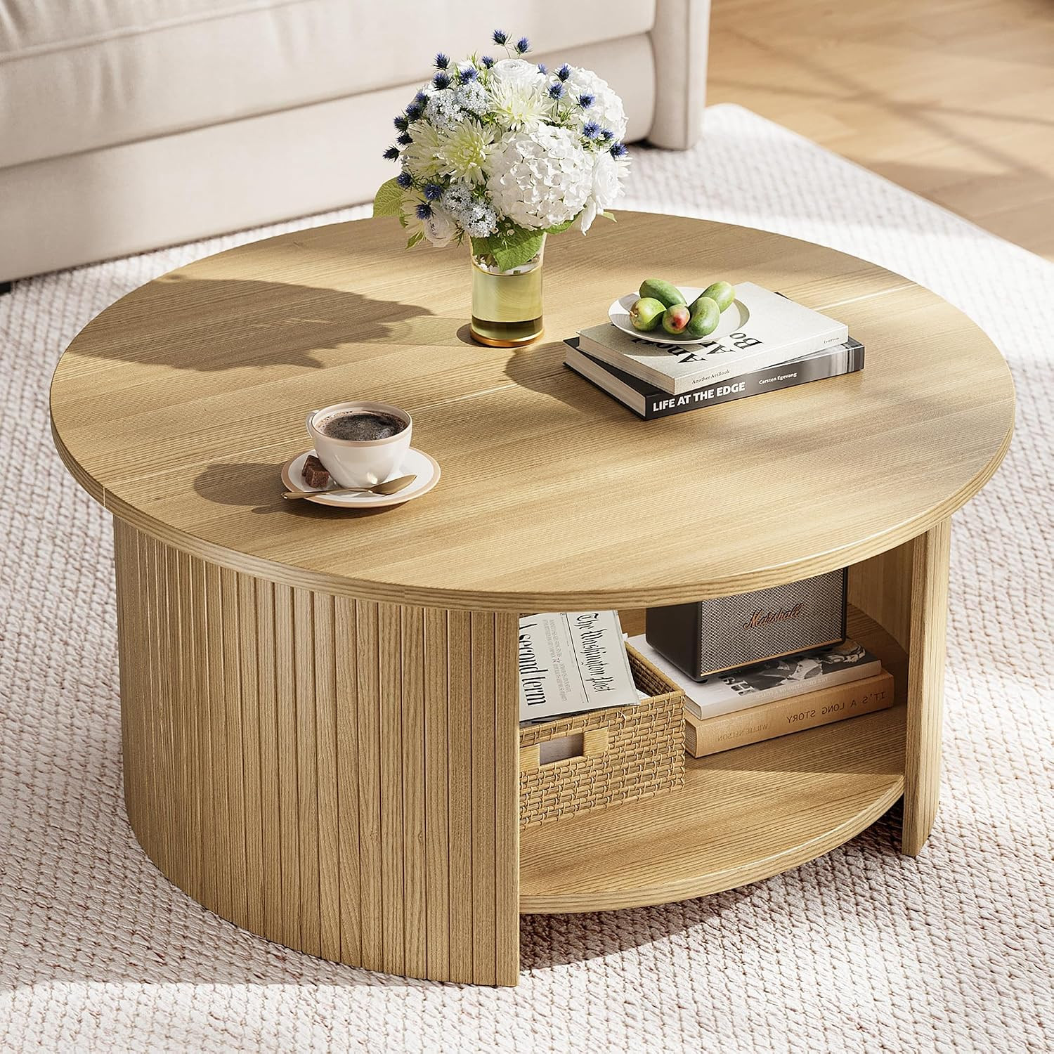 Round Coffee Table with Storage, 31.5" Modern Fluted Center Table, 2-Tier Mid Century Coffee Table, Wood Circle Table for Living Room, Home Office, Small Space, Oak | Amazon (US)