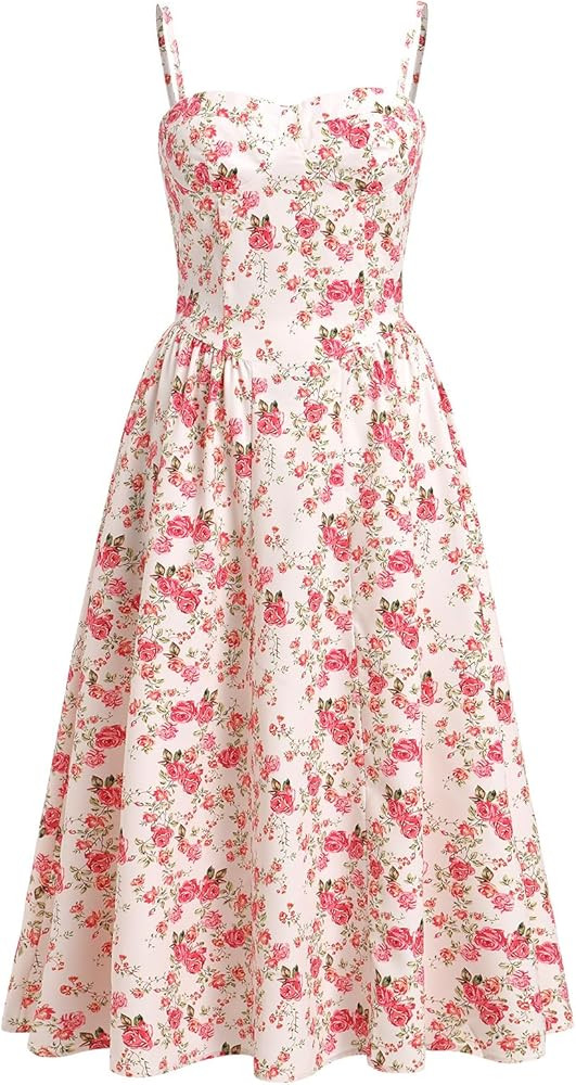 OBEEII Women Corset Dress Floral Bustier Midi Dress Flowy Spaghetti Straps Low Cut Summer Sun Dre... | Amazon (US)