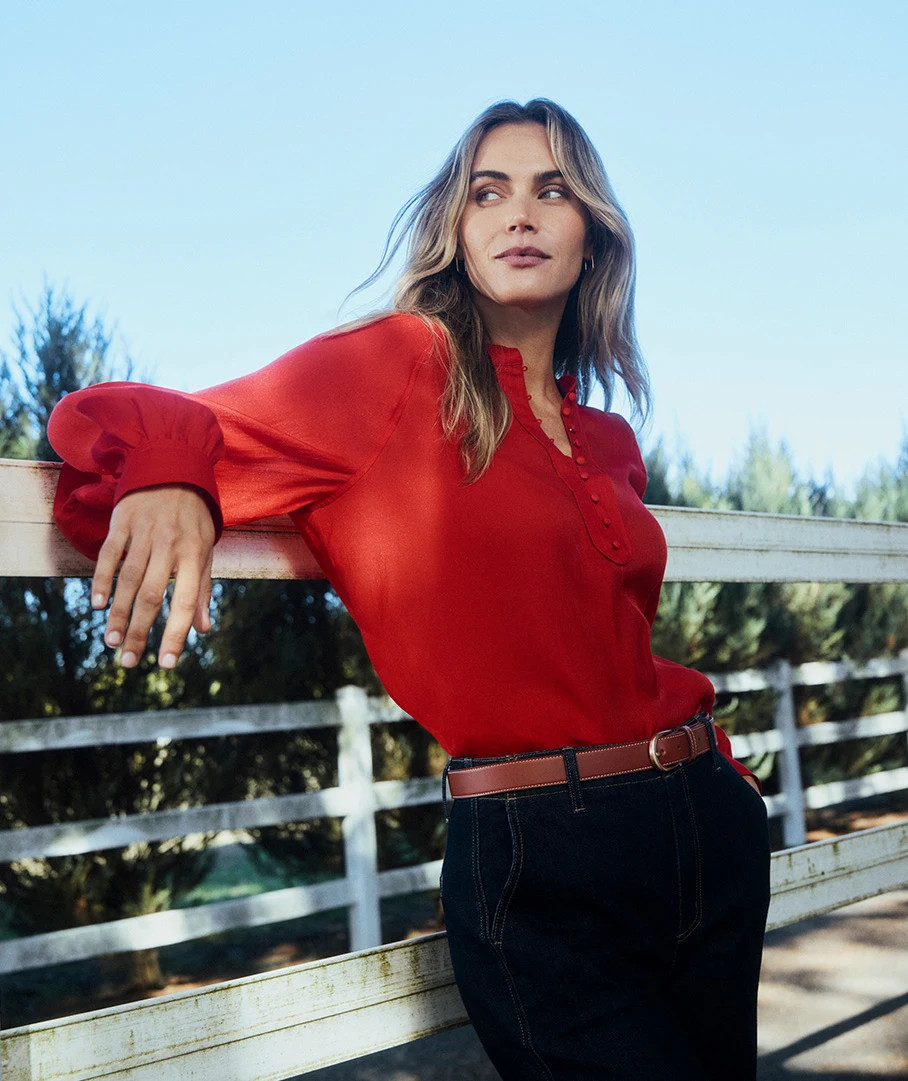 Long Sleeve Button Detail Blouse - Red | Sussan