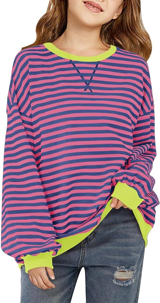 Haloumoning Girls Striped Crewneck Sweatshirt Kids Long Sleeve Oversized Fashion Pullover Tops Fa... | Amazon (US)