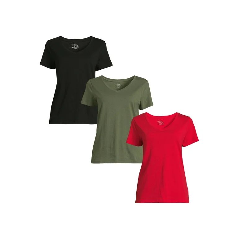 Time and Tru Women's V-Neck Tee with Short Sleeves, 3-Pack, Sizes XS-3XL | Walmart (US)