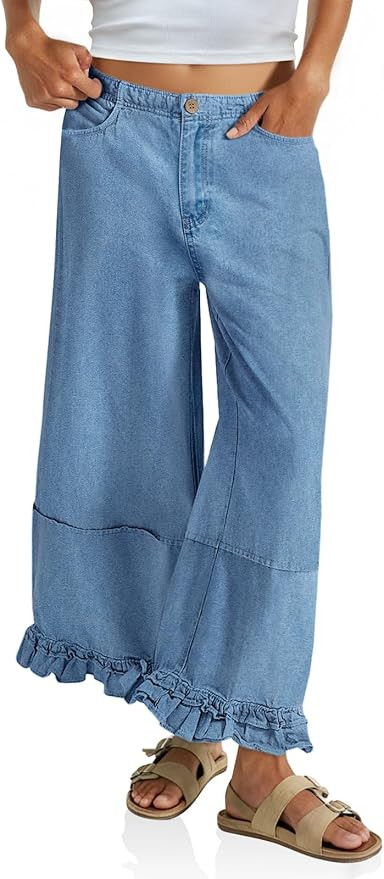 Cicy Bell Womens Ruffle Wide Leg Jeans Cropped Elastic High Waisted Baggy Denim Pants with Pocket... | Amazon (US)