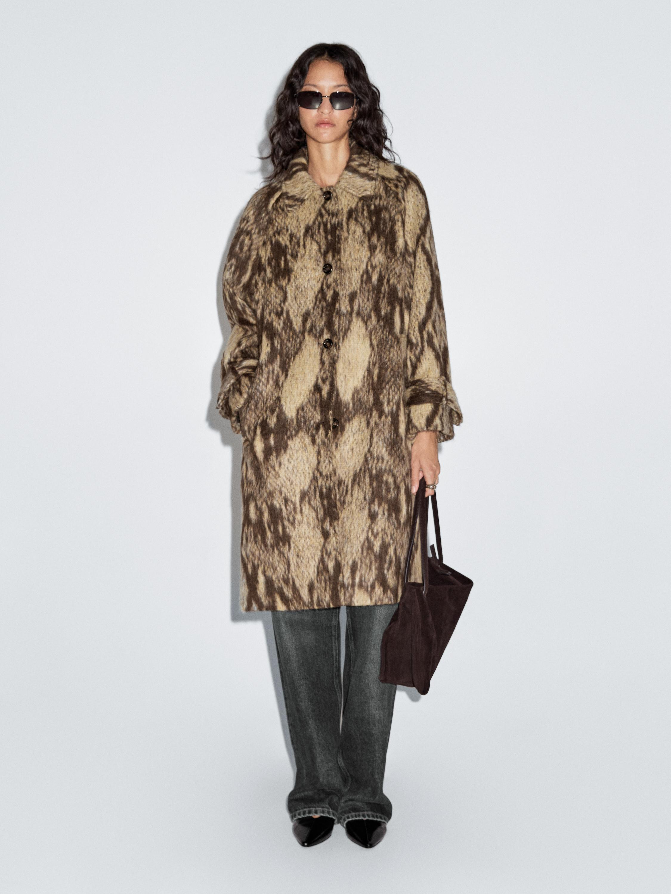 Long wool blend snakeskin print coat | Massimo Dutti UK