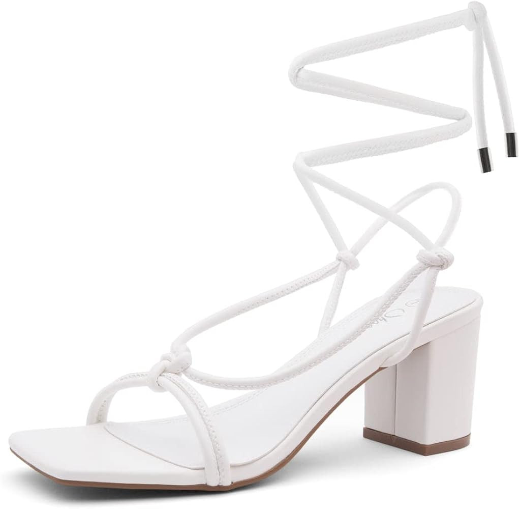 Shoe Land Womens SL-Sweets Lace Up Chunky heeled sandals Strappy Straps Ankle Wrap Heels Square O... | Amazon (US)