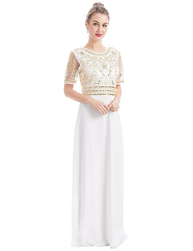 MANER Women Chiffon Beaded Embroidered Sequin Long Gowns Prom Evening Bridesmaid Dress | Amazon (US)