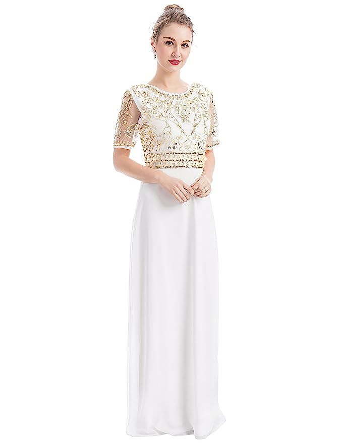 MANER Women Chiffon Beaded Embroidered Sequin Long Gowns Prom Evening Bridesmaid Dress | Amazon (US)