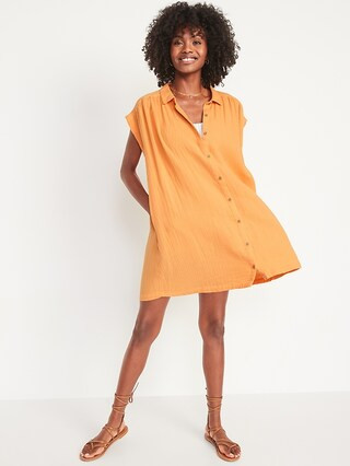 Short-Sleeve Double-Weave Mini Swing Shirt Dress for Women | Old Navy (US)