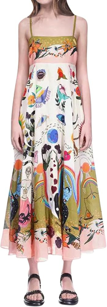 Women Cute Print Maxi Cami Dress Loose Sleeveless Spaghetti Strap Boho Dress Flowy Graffiti Long ... | Amazon (US)
