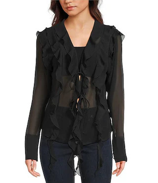 Sheer Cascade Ruffle V-Neck Long Sleeve Blouse | Dillard's