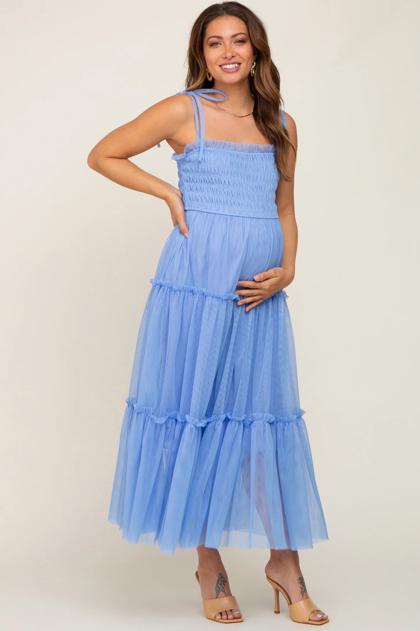 Light Blue Smocked Mesh Maternity Midi Dress | PinkBlush Maternity