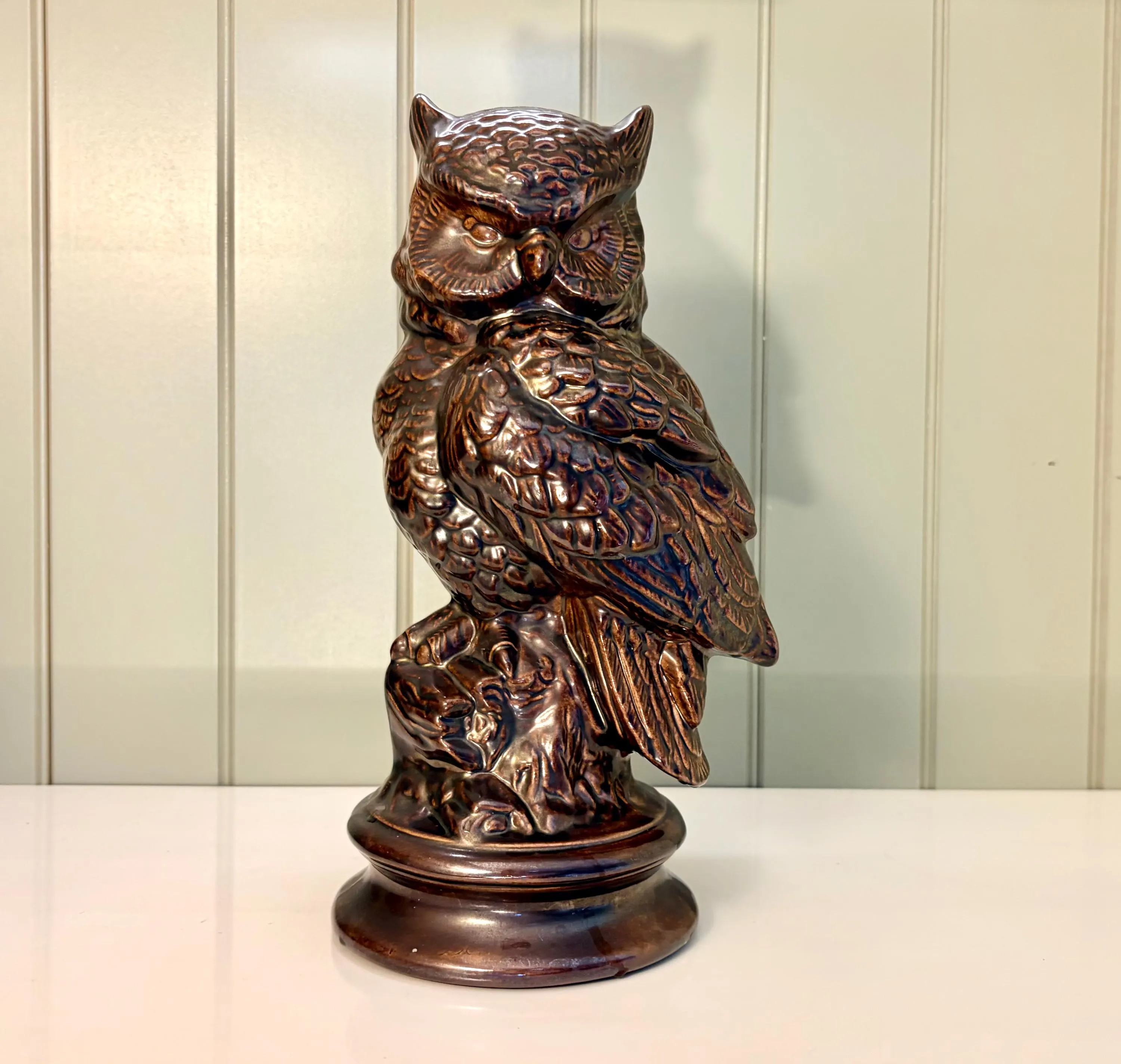 Vintage large brown glazed ceramic owl statue. Possibly a Byron mold. 11" 70's. rustic nature woodlands | Etsy (Global)