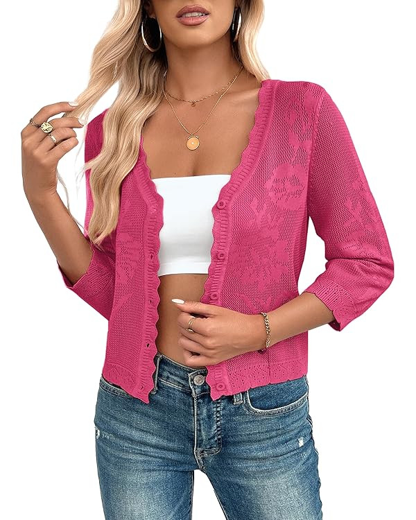 Kate Kasin Women's 2025 Cropped Cardigan Sweaters Trendy Lightweight 3/4 Sleeve Button Down Croch... | Amazon (US)