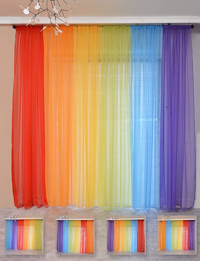 Yancorp 6 Panels Sheer Curtains Rainbow Window Decoration Voile Drapes 84 Inches Kids Girls Boys ... | Amazon (US)