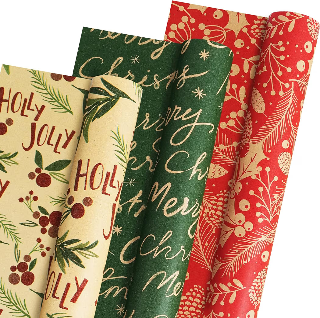 Christmas Wrapping Paper Rolls, Red and Green Kraft Gift Wrapping Paper, Holly Berries Pinecones ... | Amazon (US)