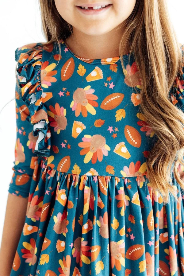 Gobble til You Wobble 3/4 Sleeve Ruffle Twirl Dress | Mila & Rose