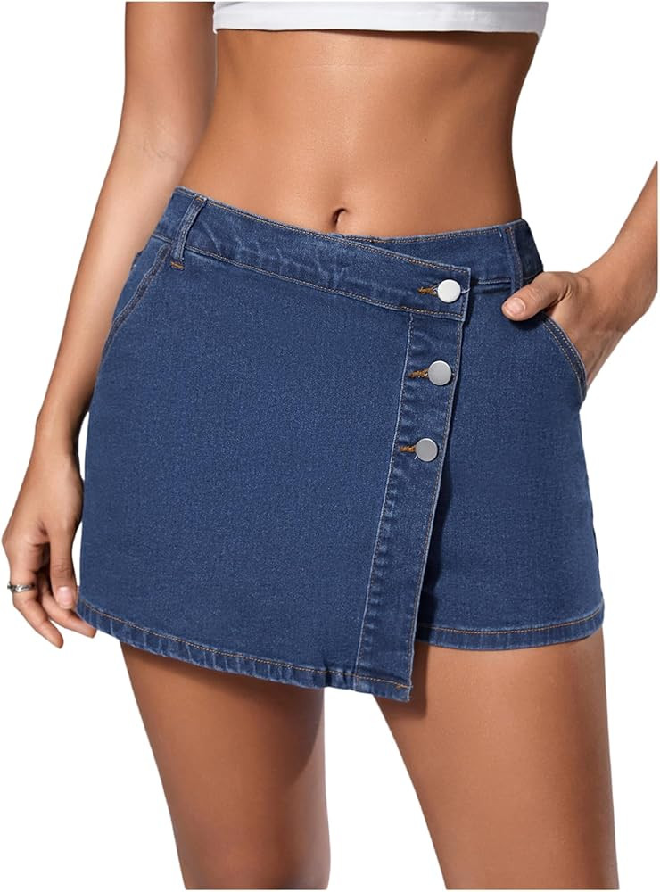 WDIRARA Women's High Waisted Button Front Denim Skort Asymmetrical Hem Skirt Shorts | Amazon (US)