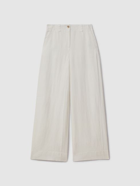 Reiss White Demi Linen Wide Leg Garment Dyed Trousers | Reiss UK