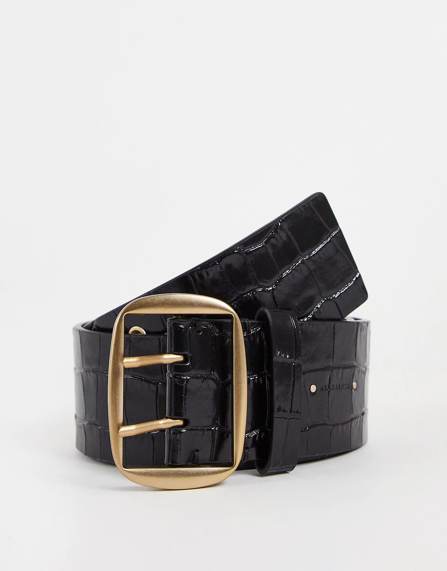 AllSaints 55mm leather waist belt in black croc | ASOS (Global)