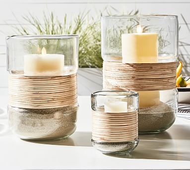 Palm Woven Rattan And Glass Candleholders | Pottery Barn (US)