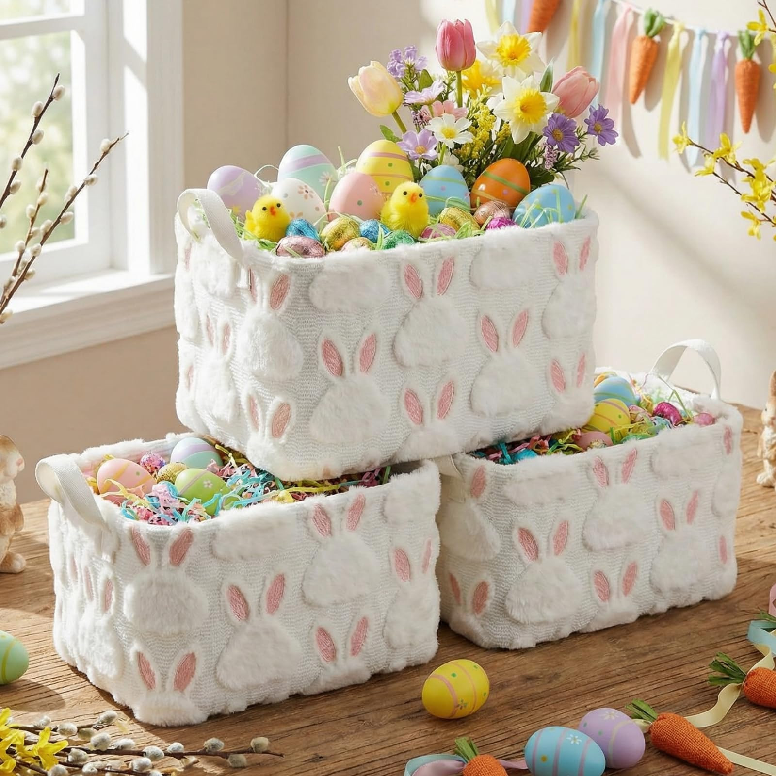 Kathfly 3 Pcs Easter Storage Bin Jacquard Design Bunny Basket Box with Handle Large Storage Baske... | Amazon (US)