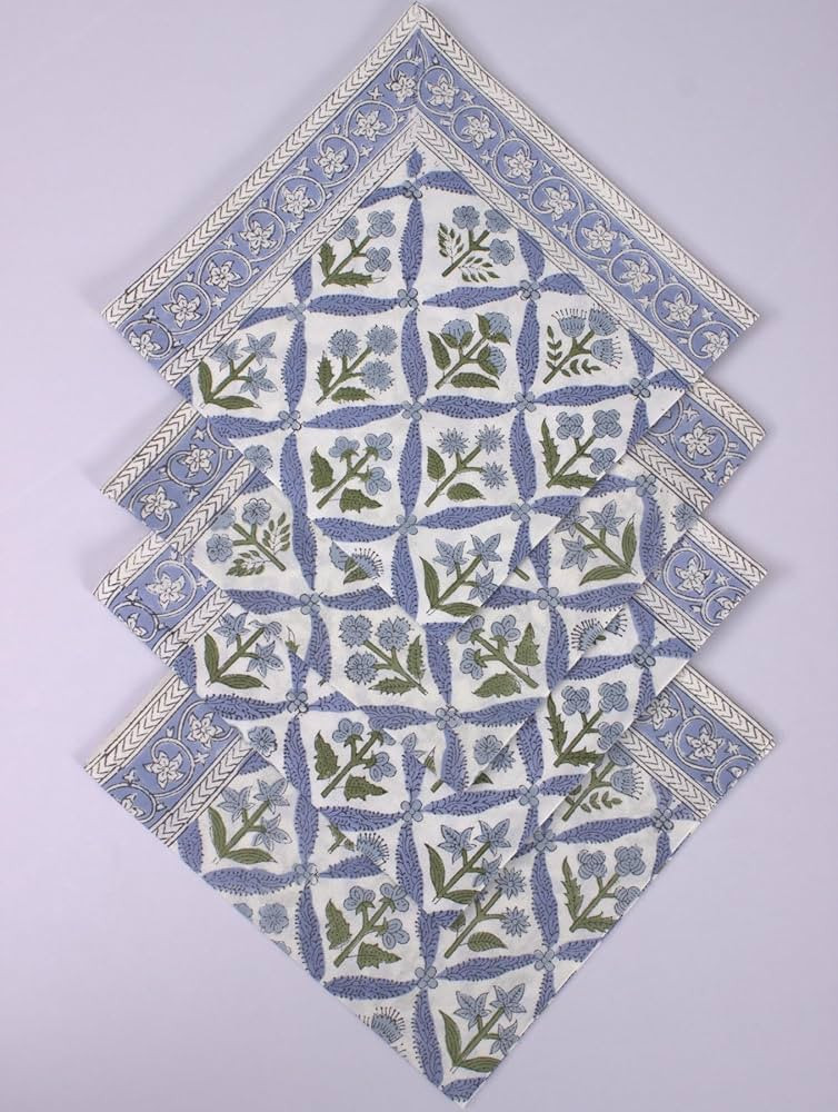 Ridhi Light Steel Blue Hand Block Print Cloth Napkin Table Decor 20×20 Inch Floral Dinner Cloth ... | Amazon (US)