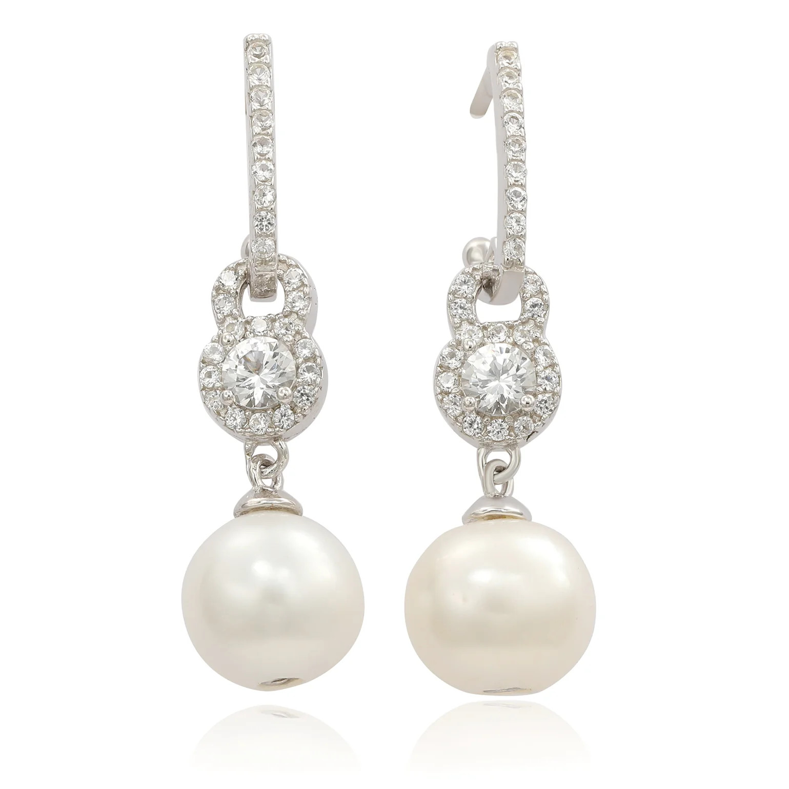 Suzy Levian Sterling Silver Pearl and White Sapphire Drop earrings | SUZY LEVIAN