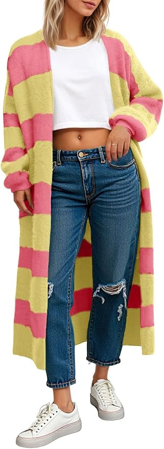 Saodimallsu Womens Striped Long Cardigan Sweaters Open Front Oversized Chunky Fuzzy Knit Fall Dus... | Amazon (US)