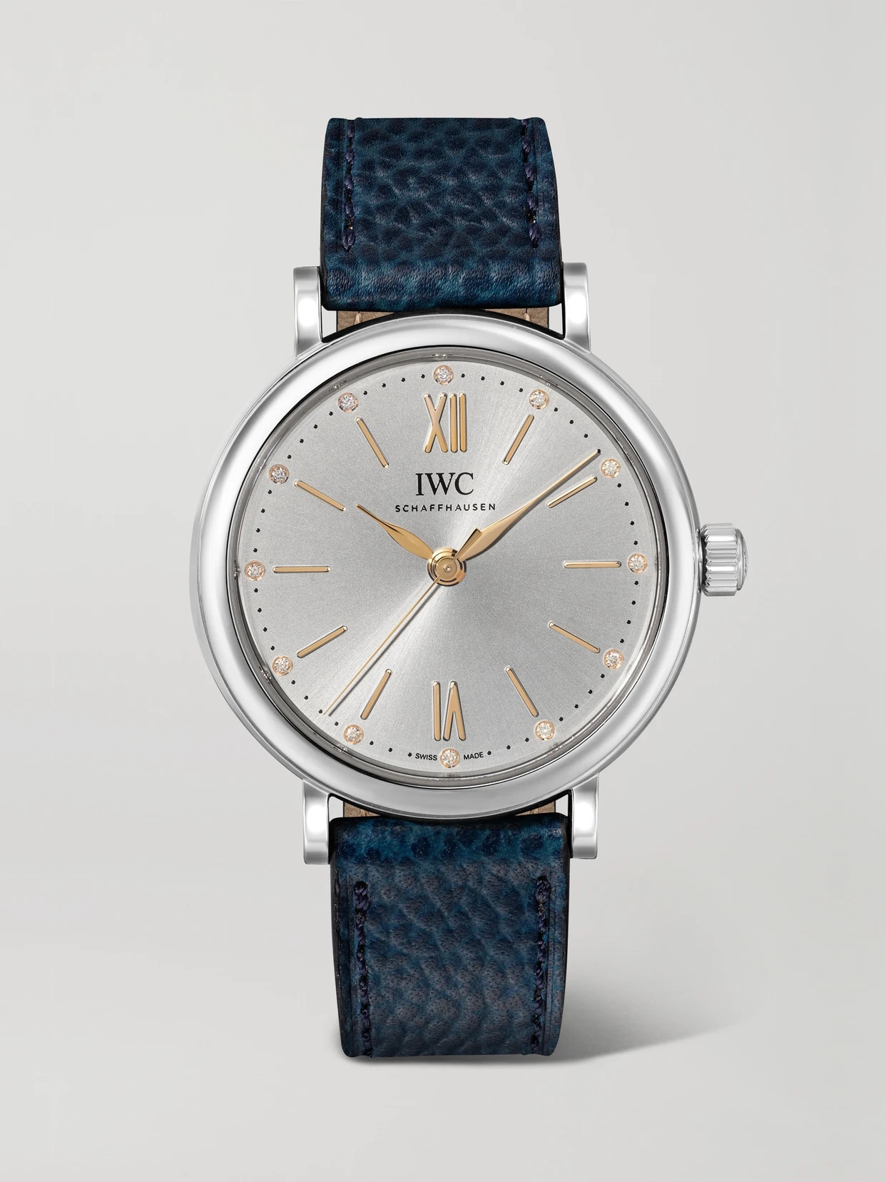 IWC SCHAFFHAUSEN - Portofino Automatic 34mm Stainless Steel, Textured-leather And Diamond Watch - Silver | NET-A-PORTER (US)