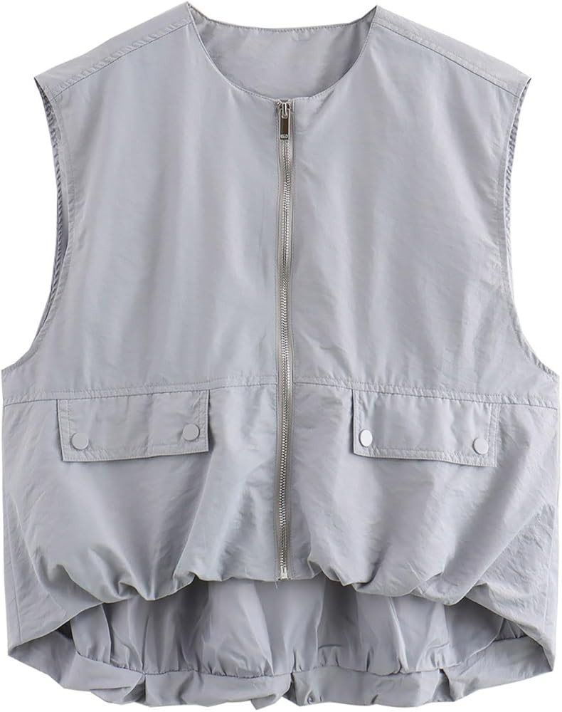Übergroße Cargo-Weste für Damen, Lässig, ärmellos, Lockere Passform, Durchgehender Reißvers... | Amazon (DE)