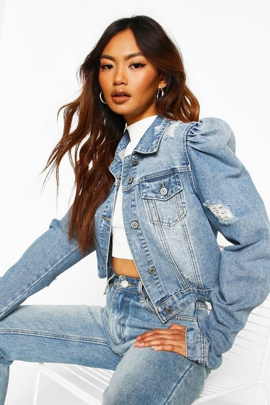 Distressed Puff Shoulder Detail Denim Jacket | Boohoo.com (US & CA)