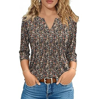 FreshNight 3/4 Length Sleeve Womens Tops Pleated V Neck T Shirts for Women Blouses Dressy Casual | Amazon (US)