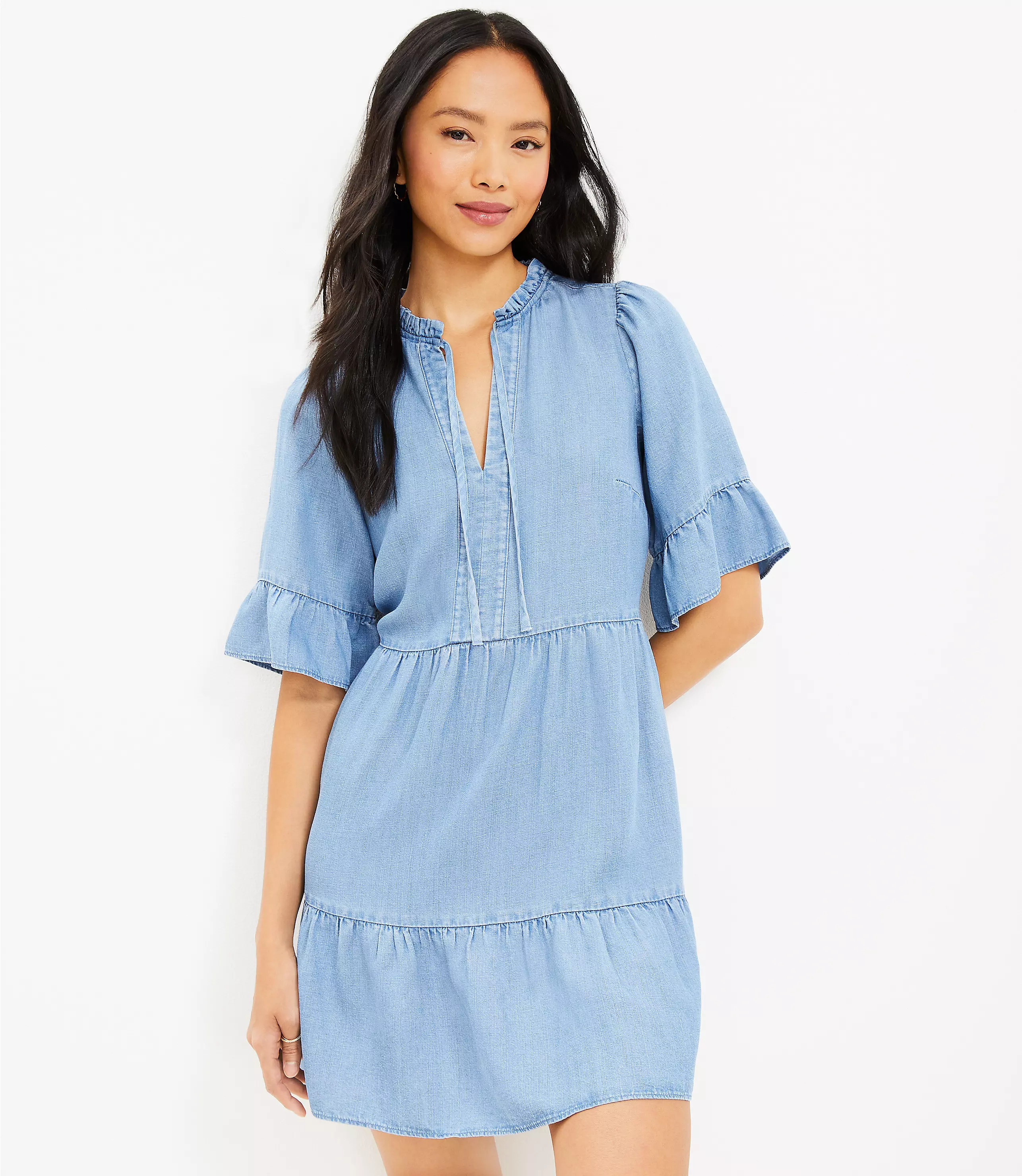 Chambray Ruffle Tie Neck Tiered Swing Dress | LOFT
