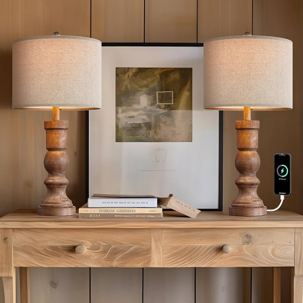 OYEARS 24.75" Table Lamps for Living Room Bedroom Set of 2 Farmhouse USB A+C Bedside Lamp Vintage... | Amazon (US)