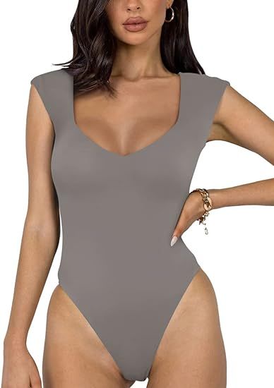 REORIA Women's Sexy Casual V Neck Double Lined Sleeveless Slimming Going Out Tank Top Bodysuits | Amazon (US)