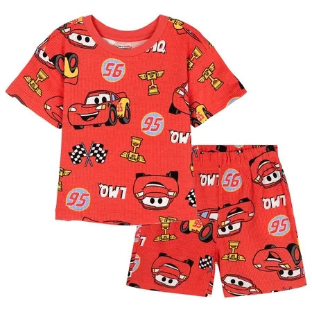 Disney Cars Lightning McQueen Waffle Knit Drop Shoulder T-Shirt and Shorts Outfit Set Infant to Little Kid | Walmart (US)