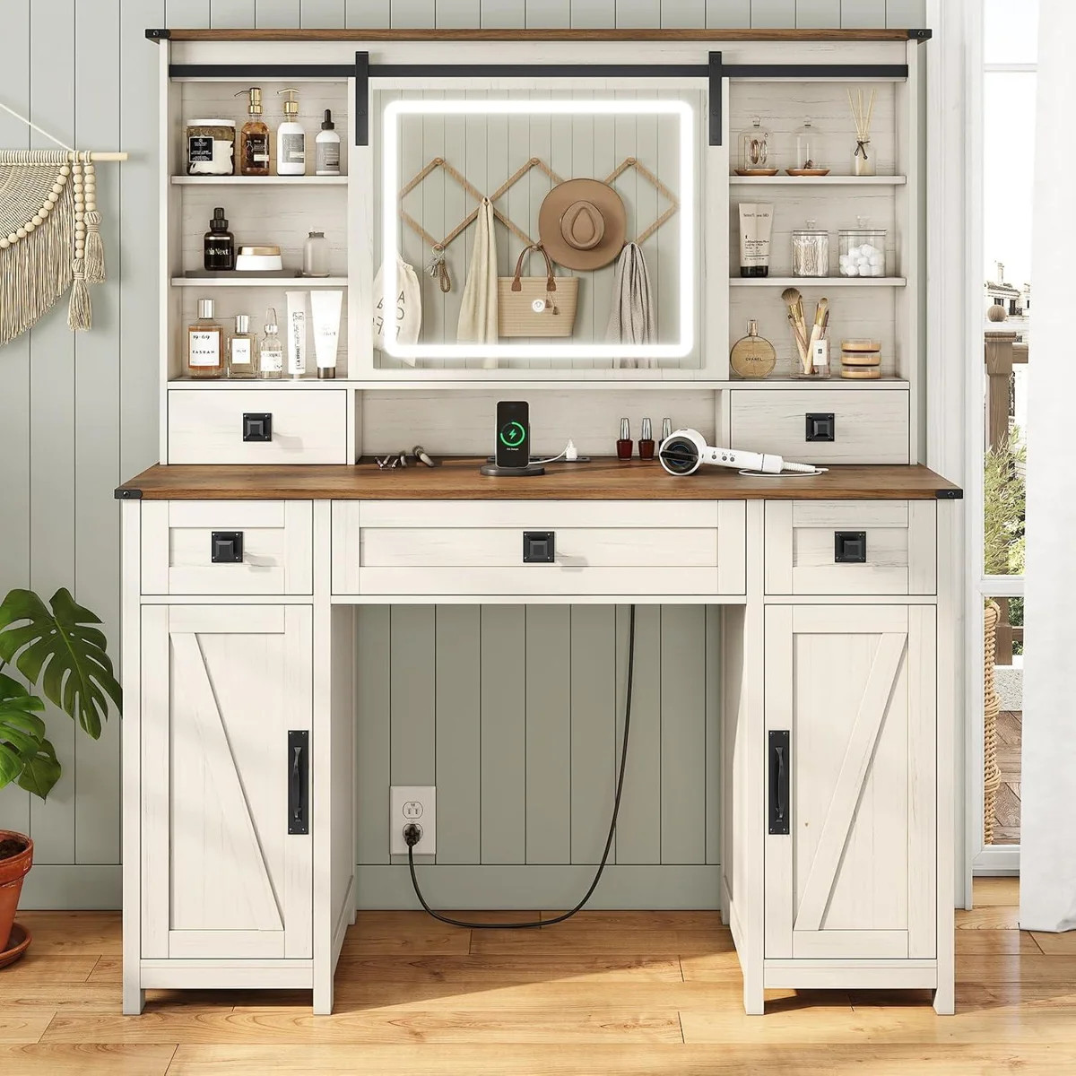 Farmhouse Makeup Vanity Desk with Sliding Mirror and Lights, 47.2" Big Vanity Table with Charging... | Wayfair North America