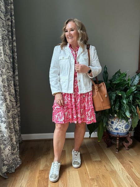 Great dress for casual or night time. It’s $34. 

Love my denim jacket that’s an elevated style. Also comes in traditional blue denim. Wearing size 12. It’s roomy. 

Sneakers are slip on.  Tts. Comfy. Love the metallic. Perfect with a dress. 

Summer dress spring outfit 

#LTKfindsunder100 #LTKover40 #LTKsalealert