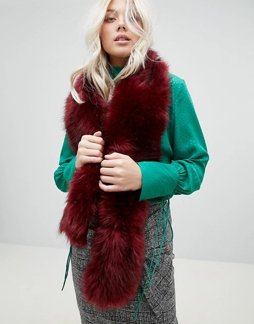 Stitch & Pieces Faux Fur Scarf in Berry | ASOS US