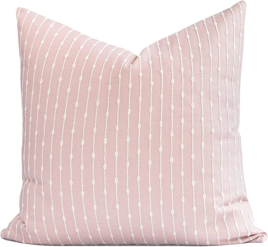 Crumbs Home Modern Farmhouse Fall Linen Indoor Outdoor Throw Pillow Cover Only, 20"x20" Water Repellent for Patio, Backyard, Couch, Dark Rose Neutral Embroidered Stripes | Amazon (US)