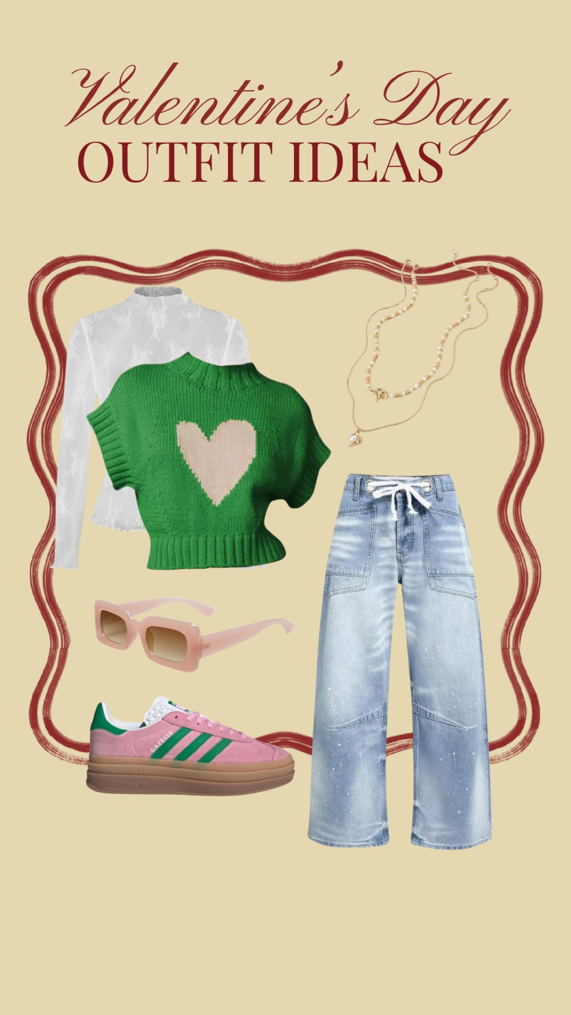 Casual Valentine’s Day Outfit
.
Dressy Valentine’s Day outfit, casual Valentine’s Day outfit idea, pink outfit inspo, green outfit inspiration, pink accessories, heart sweater, Amazon outfit idea

#LTKHoliday #LTKStyleTip #LTKFindsUnder100