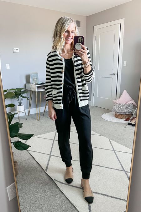 Layering a lady cardigan over a casual jumpsuit is a great way to elevate the look! 
Jumpsuit- small 
Cardigan- smalll

#LTKfindsunder100 #LTKSeasonal #LTKstyletip