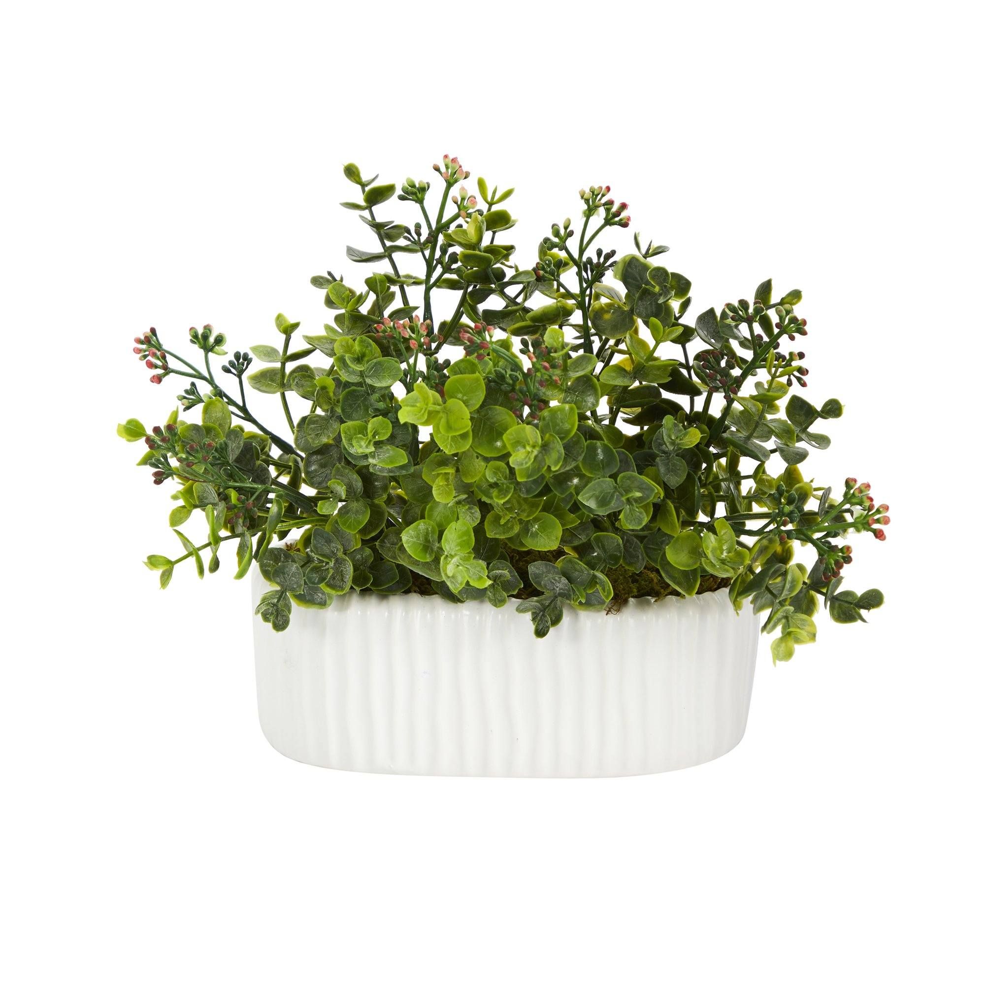 11” Eucalyptus and Sedum Artificial Plant in White Planter | Nearly Natural