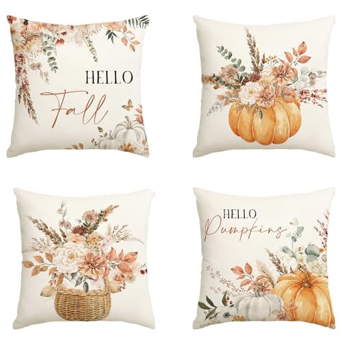 Mocsicka Fall Pillow Covers Boho Floral Fall Leaves Decorative Pumpkin Pillow Covers 18x18 Outdoor Polyester Cushion Cases for Sofa Couch Set of 4 | Amazon (US)